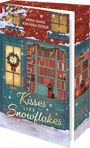 Auf der Fassade steht: "Anna Savas, Kim Nina Ocker". Darunter die Worte: "Kisses like Snowflakes". Davor ein Buchladen mit Dekoration.