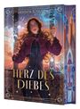 "HERZ DES DIEBES", "JESSICA S. OLSON". Junge Frau mit langen Haaren, Brille und lila Jacke vor fantasievollem Hintergrund.