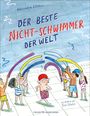 "Der beste Nicht-Schwimmer der Welt" steht über Kindern im Schwimmbad. Ein Kind mit roter Mütze im Vordergrund.
