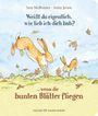 "Weißt du eigentlich, wie lieb ich dich hab? ...wenn die bunten Blätter fliegen." Zwei Hasen spielen auf einer Wiese.