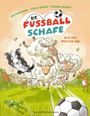 Titel: "Die Fußball-Schafe - Alle vor, noch ein Tor!". Schafe, ein Hund, eine Ziege und ein Frosch beim Fußballspiel.