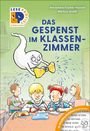 „Das Gespenst im Klassenzimmer“ zeigt ein fröhliches Gespenst, das über Schülern schwebt und Wasser mit einem Schwamm spritzt.