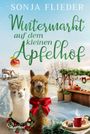 Der Titel lautet: "Wintermarkt auf dem kleinen Apfelhof". Zwei Alpakas mit Weihnachtsschleifen, Winterlandschaft, Verkaufsstand.