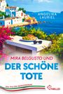 "Mira BelGusto und der schöne Tote. Ein Italien-Genusskrimi." Tisch mit Oliven, Brot, Sonnenbrille, mediterrane Küstenlandschaft.