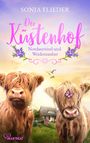 "Sonja Flieder. Der Küstenhof. Nordseewind und Weidenzauber. Zwei flauschige Kühe, eine mit Schmetterling, vor Haus."