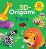 „3D-Origami Tiere“, „Über 50 Papertoys“, bunte Origami-Tiere: Giraffe, Zebra, Löwe, Nilpferd, Faultier, Igel.