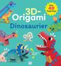 „3D-Origami Dinosaurier“, „Über 40 Papertoys“, Illustrationen von bunten Dinosaurier-Modellen auf grünem Hintergrund.