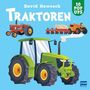 "David Hawcock, Traktoren, 10 Pop Ups." Illustration von bunten Traktoren auf blauem Hintergrund.