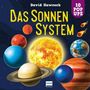 Text: „David Hawcock“, „Das Sonnensystem“, „10 Pop Ups“. Darstellung des Sonnensystems mit Planeten und Sonne.