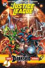 Comic-Cover: "Justice League" und "Der Darkseid Krieg" in großer, gelber und schwarzer Schrift. Helden posieren kraftvoll.