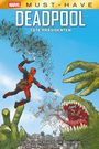 "DEADPOOL: TOTE PRÄSIDENTEN" steht oben. Ein Superheld in Rot bekämpft ein riesiges Monster über einer Stadt.