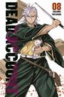 "DEAD ACCOUNT 08 SHIZUMU WATANABE" ist in schwarzer und orangefarbener Schrift zu sehen. Eine Manga-Figur hält ein Stofftier.