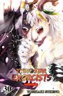 „Twin Star Exorcists Onmyoji“ und „Yoshiaki Sukeno“. Zwei kämpfende Figuren mit Hörnern und weißen Haaren, Bildband 30.