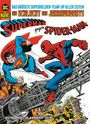 "Superman gegen Spider-Man" in großen Buchstaben. Superman und Spider-Man kämpfen in einer dynamischen Superhelden-Illustration.