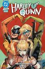 "Harley Quinn", "FREUNDSCHAFT MINUS". Drei Frauen, bunte Kleidung, Waffen, machen Herz mit Händen. Comic-Stil.