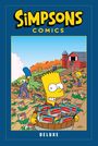 Oben: „Simpsons Comics“. Unten: „Deluxe“. Illustration: Bart in einem Feld voller Comic-Hefte, Marge und Lisa im Hintergrund.