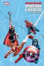 Text: "SPIDER-MAN & AVENGERS - WEB OF HEROES COLLECTION”. Illustration: Helden schweben vor blauem Netz-Hintergrund.