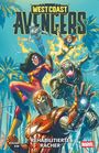 "West Coast Avengers: Rehabilitierte Rächer". Comic-Stil. Superhelden in Aktion vor Palmen und blauem Himmel.