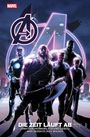 "Die Zeit läuft ab. Band 1 (von 2)." Helden in futuristischer Stadt mit leuchtendem Avengers-Logo im Hintergrund, nachtszenario.