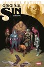 "Marvel Events: Original Sin. Sündenfall. Figuren in Superheldenkostümen umringen eine Leiche. Oben ein finsteres Gesicht."