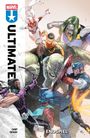 "ULTIMATE", "ENDSPIEL". Comic-Illustration von Helden in Aktion, dynamische Kampfszene mit prominenten Figuren.