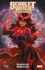 „Scarlet Witch: Die oberste Zauberin. Magische Rebellion. Orlando Chang.“ Illustration einer Frau in Rot mit magischen Symbolen.