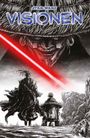 "Star Wars Visionen" steht oben. Eine düstere Figur mit Hut, darunter ein Krieger mit Umhang und Roboter. Roter Lichtstrahl.