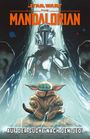 "Star Wars: The Mandalorian. Auf der Suche nach den Jedi." Illustration: Mandalorianer und kleines grünes Wesen in Umhang.