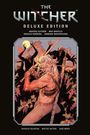 "The Witcher: Deluxe Edition" oben. Illustrationen darunter: Ein Krieger mit Schwert, umgeben von Monstern vor einem Mond.