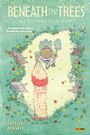 Text: "Beneath the Trees: Wo niemand dich sieht" und Zitat von Simon Spurrier. Illustration: Bär mit Schaufel und Sack im Wald.