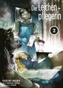 Text: "Die Leichenpflegerin 2." Illustration: Frau mit Maske, Handschuhen, hält Flasche. Hand wäscht Person in Wanne.