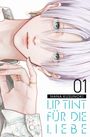 Text: "01 Nana Kusunoki Lip Tint für die Liebe." Illustration eines jungen Menschen mit lila Haaren und Schmuck.
