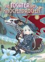 Text: "Die Tochter des Knochen-Drachen". Illustration mit Mädchen in schwarzem Outfit, sitzt neben einem Skelettdrachen.