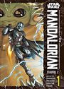 "The Mandalorian", "Staffel 2", ein gepanzerter Krieger mit Kind im Hintergrund, Illustration im Comics-Stil.