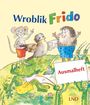 Text: "Wroblik Frido Ausmalheft LND". Illustration: Maus, Vogel, Igel und Grashüpfer halten Schild, mit Frosch auf Wiese.