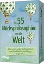 "In 55 Glücksphilosophien um die Welt" und "Ein Leben voller Zufriedenheit und Dankbarkeit mit Hygge, Ikigai & Co." sind groß geschrieben. Zwei Heißluftballons mit Kleeblatt-Motiv schweben in einer blauen Himmelslandschaft mit Wolken. Unten das Logo von "riva".