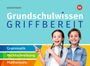 "Grundschulwissen Griffbereit. Grammatik, Rechtschreibung, Mathematik." Zwei lächelnde Kinder auf buntem Hintergrund.