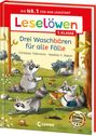 Ein Buch mit dem Titel: "Drei Waschbären für alle Fälle." Drei Waschbären in einem Wald, einer isst Pizza.