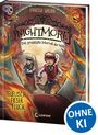 Illustration eines Buchcovers. Titel: "Nightmore – Das gruseligste Internat der Welt". Feuer, Monster und zwei Kinder.