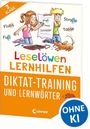 "Leselöwen Lernhilfen: Diktat-Training und Lernwörter. Illustration mit Kindern und Hund, Texte wie 'Fluss', 'Schlüssel', 'Straße'."