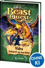 "Beast Quest", "Vidra Todesgreif aus dem Nebel", "OHNE KI". Ein mutiger Kämpfer gegen eine riesige Kreatur mit Schwingen.