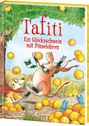 „Tafiti: Ein Glücksschwein mit Pinselohr.“ Fröhliche Szene mit springendem Tier, Früchten und Schmetterlingen.