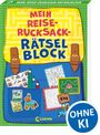 "MEIN REISE-RUCKSACK-RÄTSELBLOCK" und "OHNE KI". Ein bunter Rucksack mit Rätselheften und Stiften.