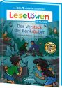 Titel: "Das Versteck der Bankräuber", oben "Leselöwen 2. Klasse". Eine Illustration mit Kindern und Tieren im Wald.