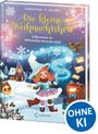 „Die kleine Weihnachtshexe“, eine Illustration mit bunten Farben, zeigt eine Hexe im Schnee, ein Haus und magische Elemente.