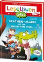 Titel: "Drachen-Alarm auf der magischen Insel." Bunte Illustration eines Drachen und zweier Figuren im Abenteuerstil.