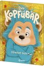 Buchtitel: "Der Kopfübär streitet sich nie!". Illustration eines blauhaarigen Bären mit verschränkten Armen auf gelbem Hintergrund.
