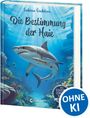 Ein Buchcover mit dem Titel "Die Bestimmung der Haie" von Sabine Giebken. Ein Hai schwimmt im Ozean.