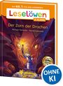 „Leselöwen 3. Klasse: Der Zorn der Drachen“. Illustration: Ein Kind mit Fackel vor einem Drachenkopf auf einem Goldschatz.