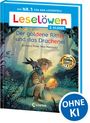 Buchtitel: "Der goldene Ritter und das Drachenei". Illustration: Junge mit Rabe hält ein leuchtendes Ei im Wald.
